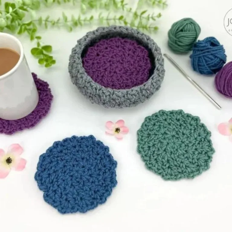 A cup of coffee surrounded by crochet round coasters, adding a cozy and handmade touch to the setting.