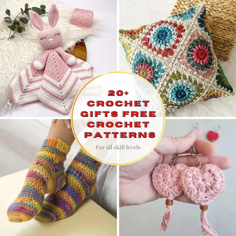 A collection of crochet items: socks, cushions, lovey, and earrings, great for gifting.