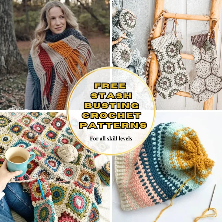 Four colorful crochet items made from leftover yarn: a cozy scarf, a warm hat, festive stockings, and a vibrant blanket, showcasing creative stash-busting project
