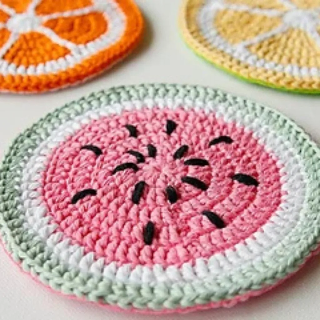 Three slices of fruit-inspired crochet pieces.