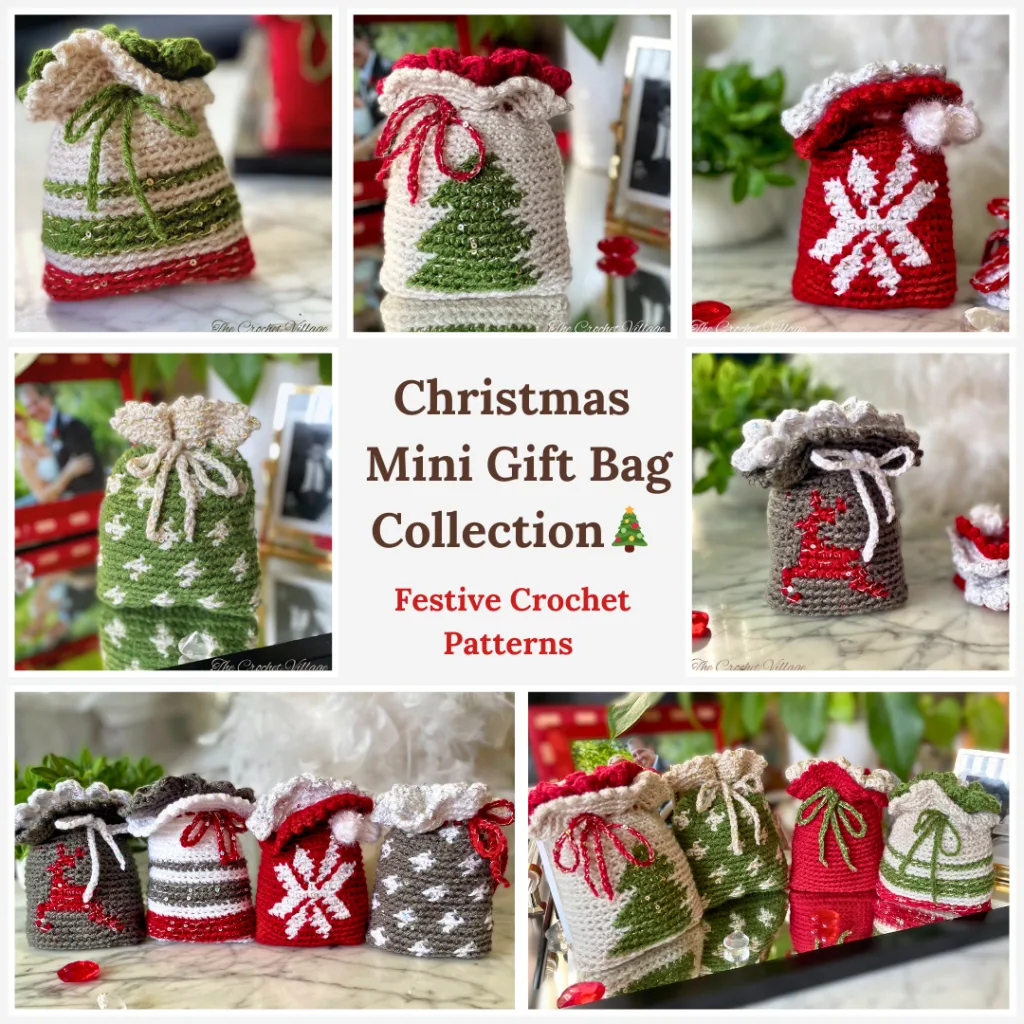 A collage of photos featuring a small gift bags for Christmas gifting