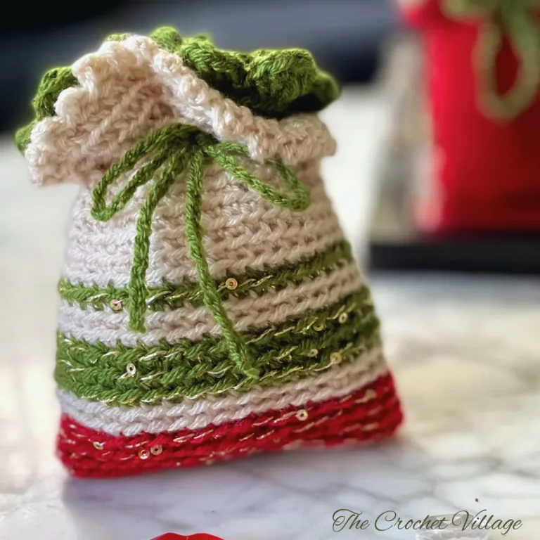 Crochet striped gift bag for Christmas.