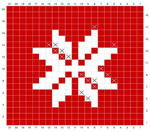 Crochet Christmas gift bag snowflake chart showing the colorwork pattern used to create a festive snowflake design on the bag.