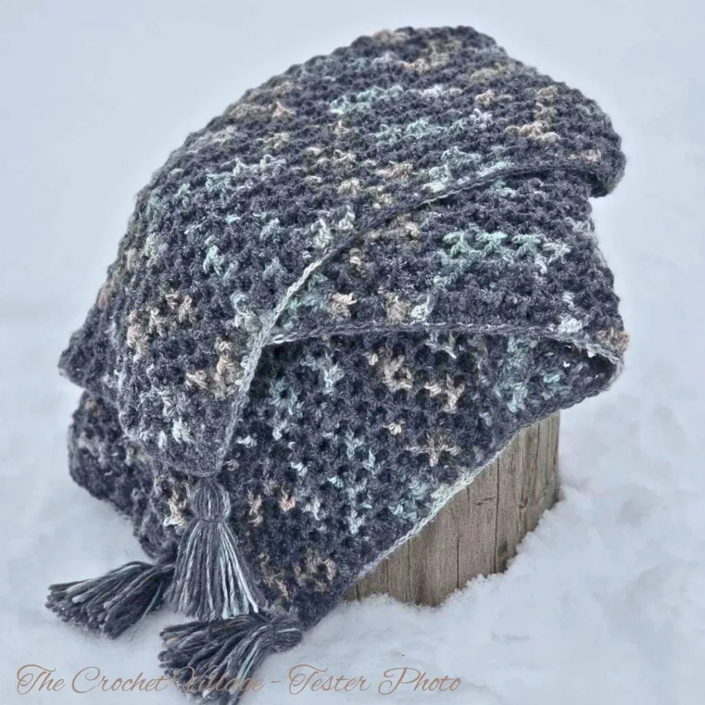 Crochet afghan with fringes folded on a snow-covered tree root, showcasing its vibrant colors and cozy texture
