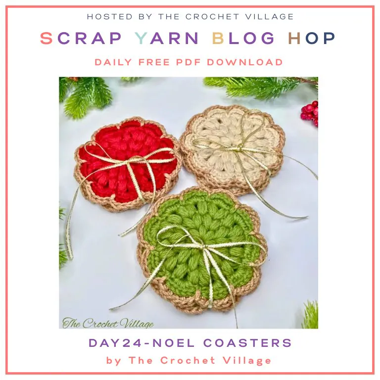 Festive crochet coasters made with leftover yarn.