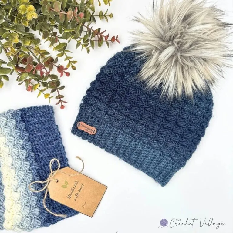 Two easy crochet beanies with ribbed brims and puff stitch texture, one in solid teal blue and one in blue ombré stripes