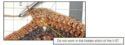 Close-up tutorial showing how to crochet V stitch for sweater pattern