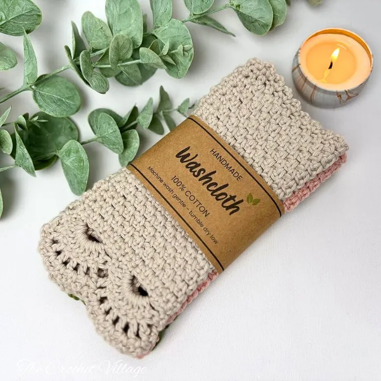 Ambrosia crochet washcloth set beautifully wrapped with printable gift wrap ready for gifting or selling
