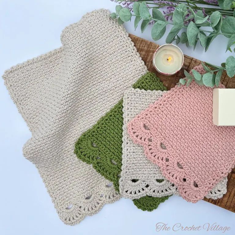 Complete spa gift set featuring three soft cotton crochet washcloths and matching towel with elegant lacy border - Ambrosia pattern