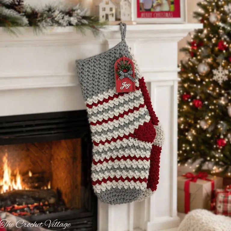 Classic crochet stocking pattern shown in multiple colorways: solid, striped, and variegated yarn