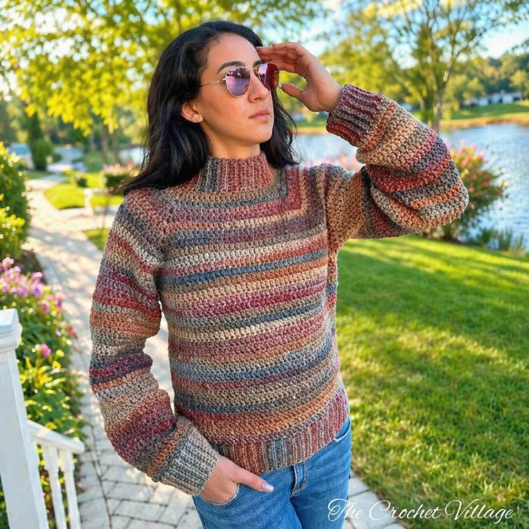 Model in handmade crochet sweater with top-down construction, demonstrating flattering fit on petite frame