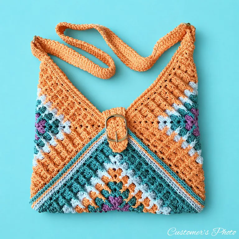 Vicki granny square crochet tote bag laid flat showing full design and size