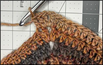 Close-up tutorial showing how to crochet V stitch for sweater pattern