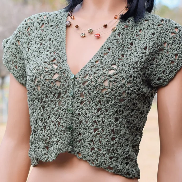 A close-up of a button-front cardigan, showcasing intricate lacy stitches and delicate crochet details.