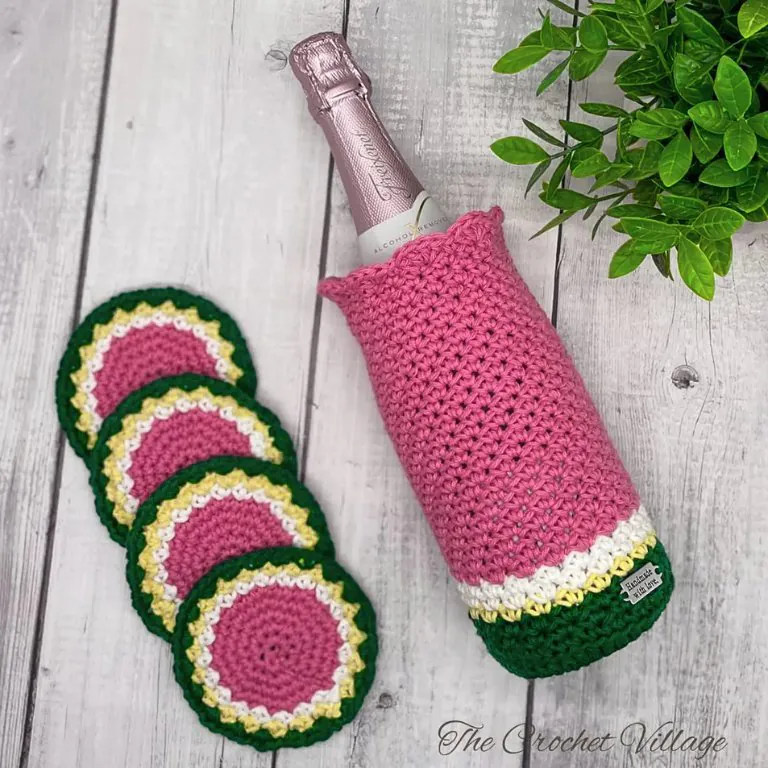 Crochet watermelon coasters set handmade with pink, white, yellow, and green yarn- free corchet wine bottle holder