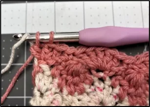 Progress photo 2 showing how to switch colors and carry the yarn at the end of the row without cutting it, creating a no-ends-to-weave finish