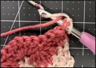 Progress photo 1 showing how to switch colors and carry the yarn at the end of the row without cutting it, creating a no-ends-to-weave finish