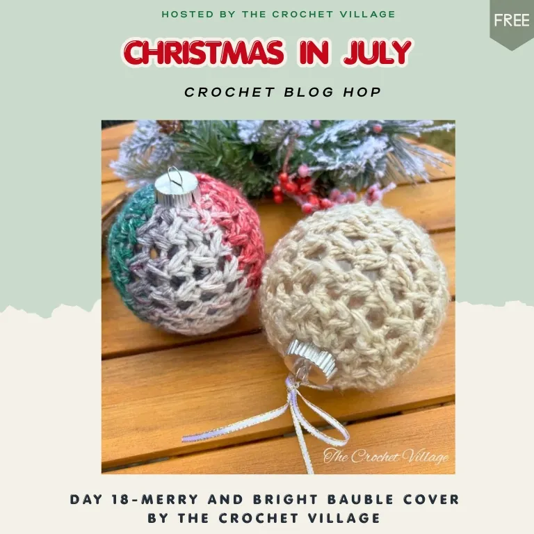 Two Merry & Bright crochet bauble ornament covers displayed on Christmas ornaments, festive holiday crochet pattern