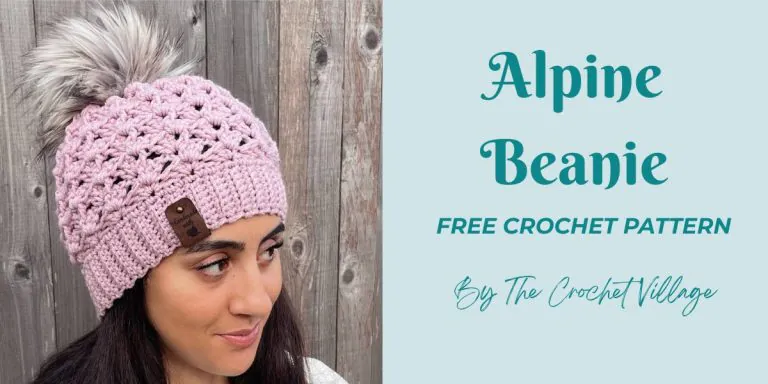 Alpine bottom-up crochet hat in light pink worn by woman - free ribbed beanie pattern