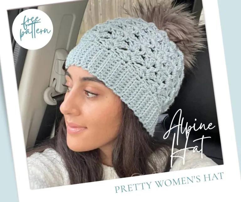 Woman wearing handmade Alpine ribbed hat in light blue - bottom-up crochet beanie free pattern