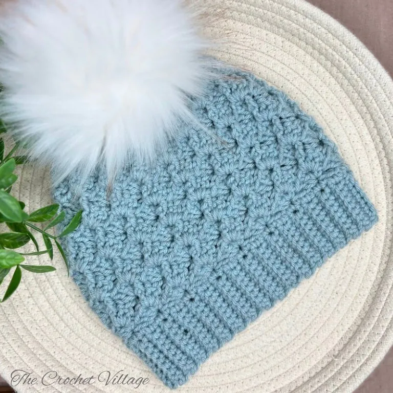 Close-up of Alpine crochet hat featuring gorgeous one-row repeat stitches