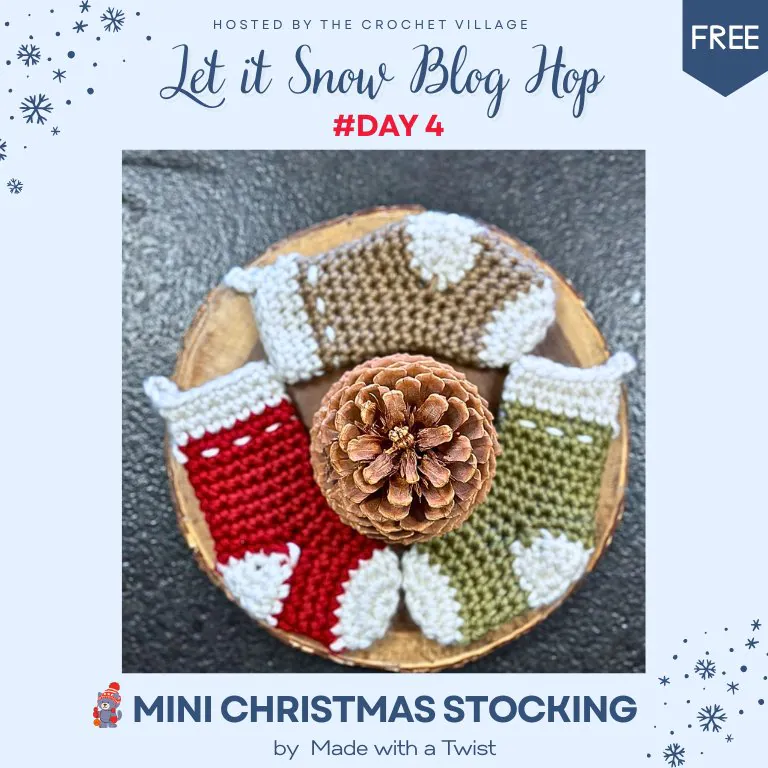 Three mini crochet Christmas stocking displayed on a tray. free crochet patterns for gifts and holiday décor.