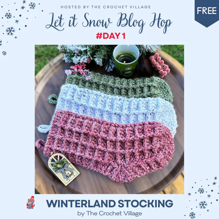 Three crocheted Christmas stockings displayed as part of Day 1 of Let It Snow Blog Hop 2025 free crochet patterns