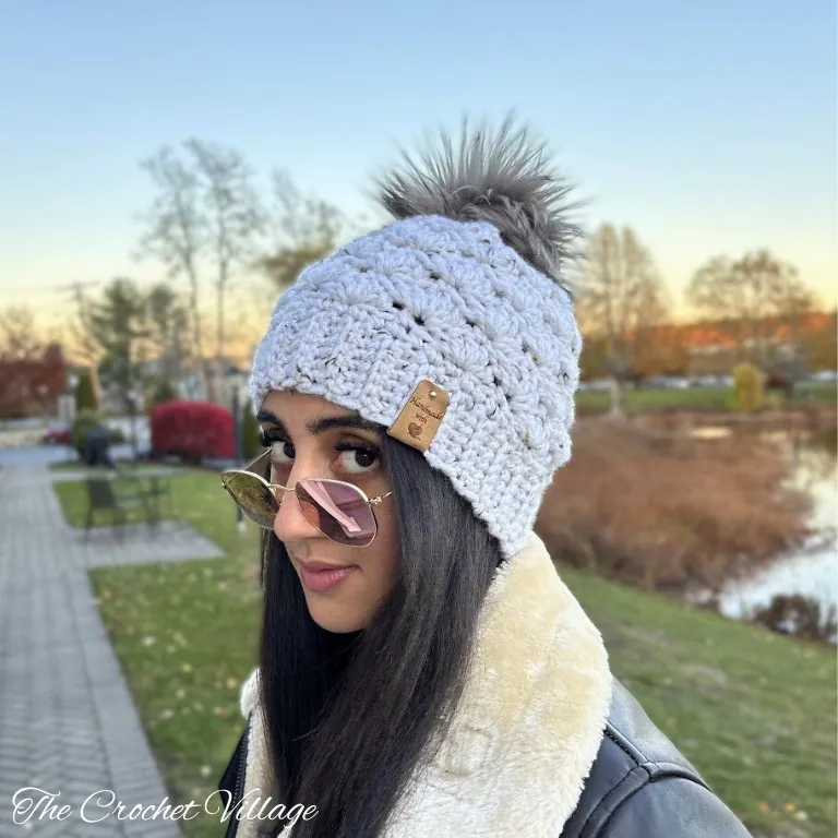 Girl wearing a cozy Dublin Hat quick crochet chunky hat