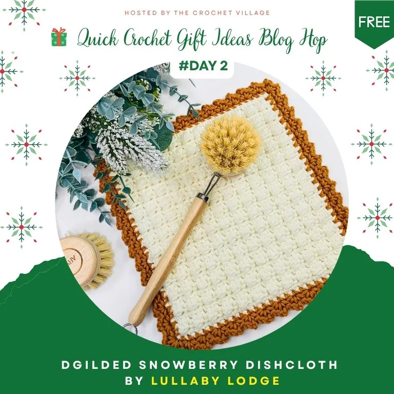 Gilded Snowberry crochet dishcloth with a wooden brush - fast Christmas gift idea
