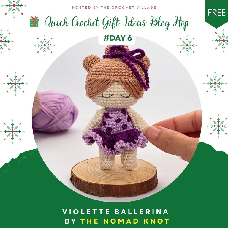 Quick crochet Christmas gift - hand holding small lavender ballerina amigurumi doll