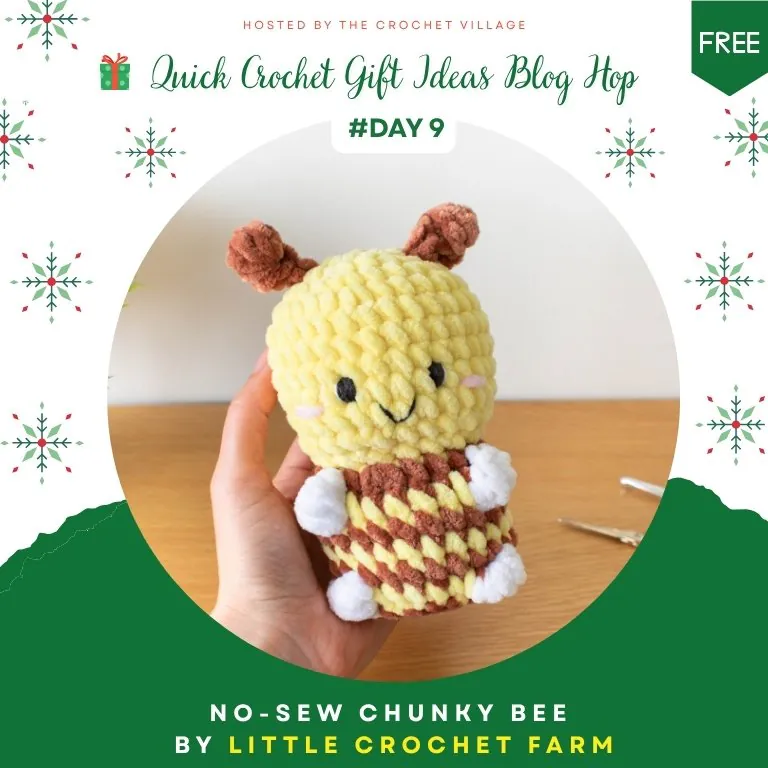 Hand holding chunky no-sew crochet bee amigurumi - fast last-minute handmade gift