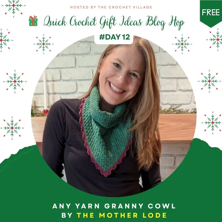 Quick crochet Christmas gift - woman wearing cozy handmade cowl scarf,