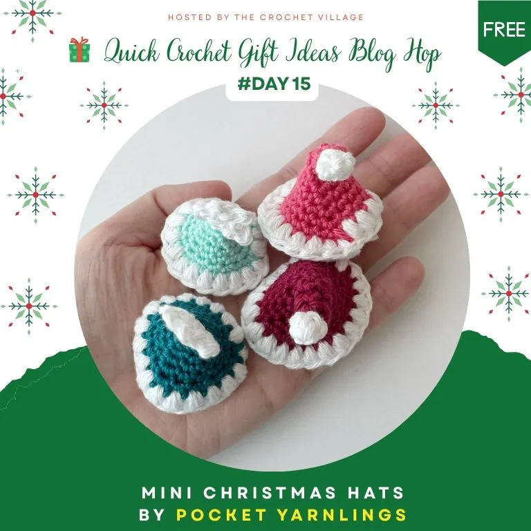 Quick crochet Christmas gift - hand holding four mini Santa and Christmas hats in festive colors