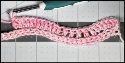 Close-up progress photo of the ripple chevron stitch in progress