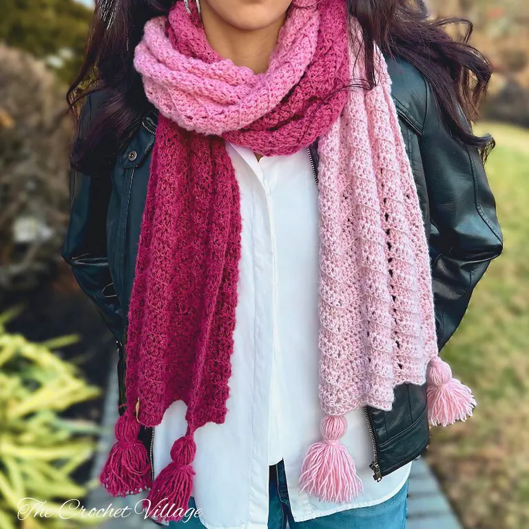 Woman wearing pink Sweetheart Chevron crochet scarf Valentine's Day pattern