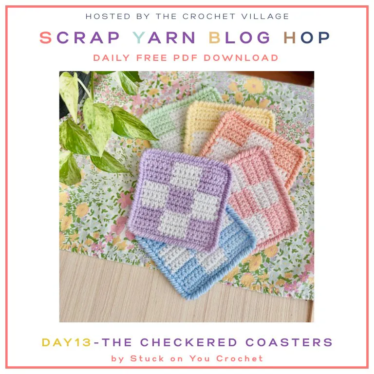 Colorful handmade crochet checkered coasters made with leftover yarn, a fun and practical scrap yarn project for home decor.