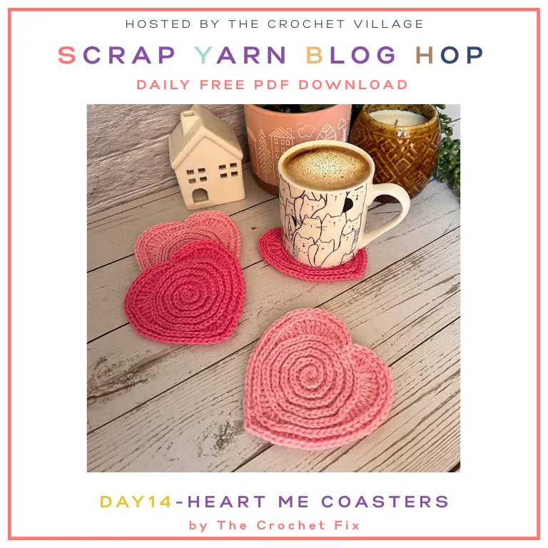 Handmade crochet heart coasters made with leftover yarn, a fun and practical scrap yarn project for home decor.
