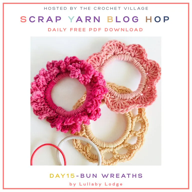 Three adorable crochet Bun Wreaths, a quick and fun project perfect for using up leftover yarn