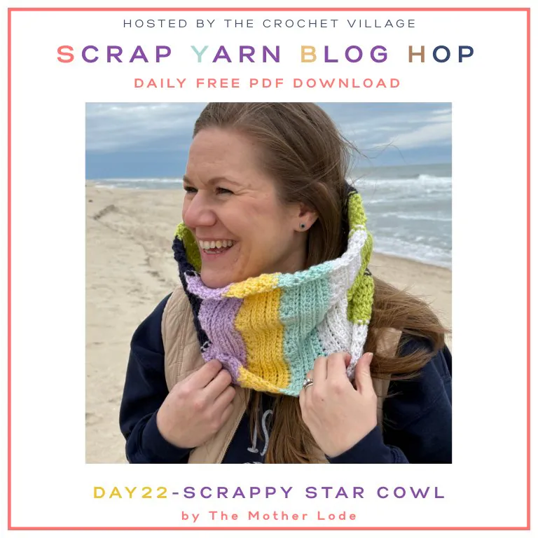 Colorful crochet cowl made with leftover yarn, featuring bright mixed stripes and a soft textured stitch pattern.