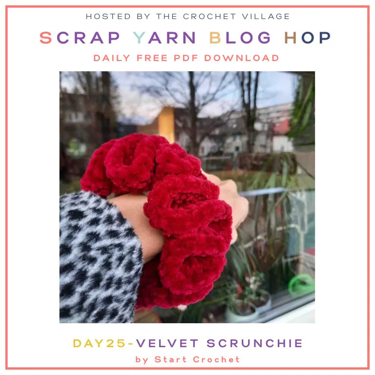 Crochet Velvet scrunchie made from a free crochet scrap yarn pattern