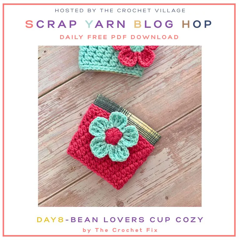 Cute crochet cup cozy with a flower appliqué, perfect for using up scrap yarn. Free crochet pattern.