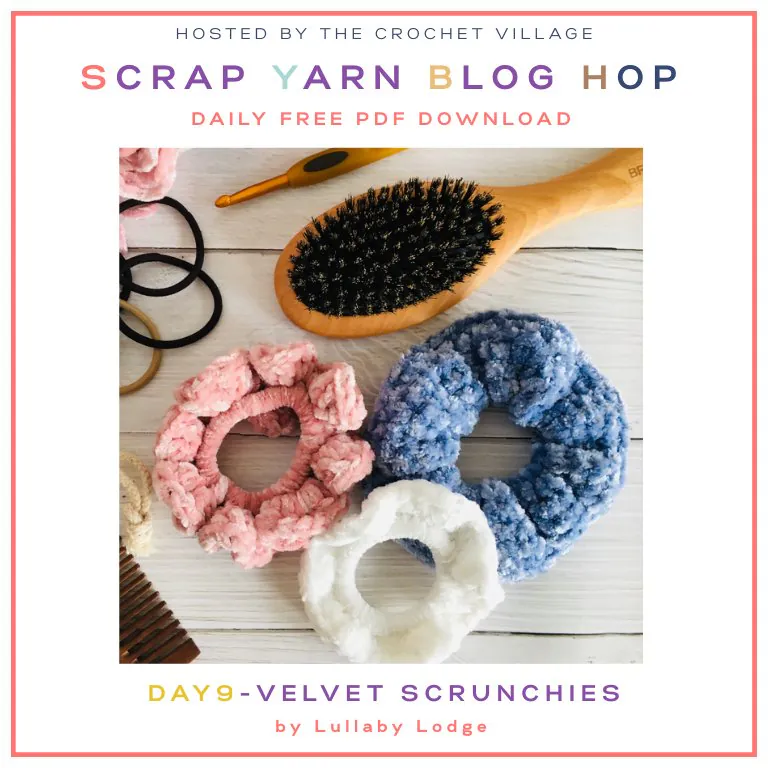Three velvet crochet scrunchies with made from scrap yarn – easy free crochet scrunchie pattern perfect for velvet yarn leftovers