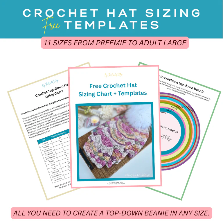 Free crochet hat sizing template PDF with crown diameter circles and measurement chart from preemie to adult