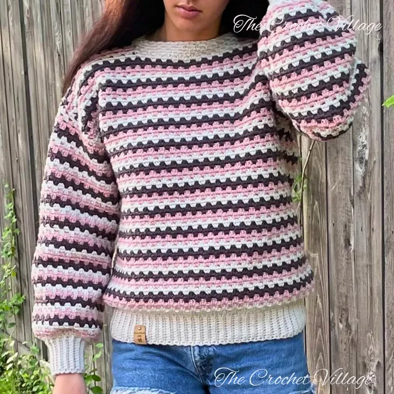 Woman wearing free Arcadia oversized crochet sweater with dropped shoulders