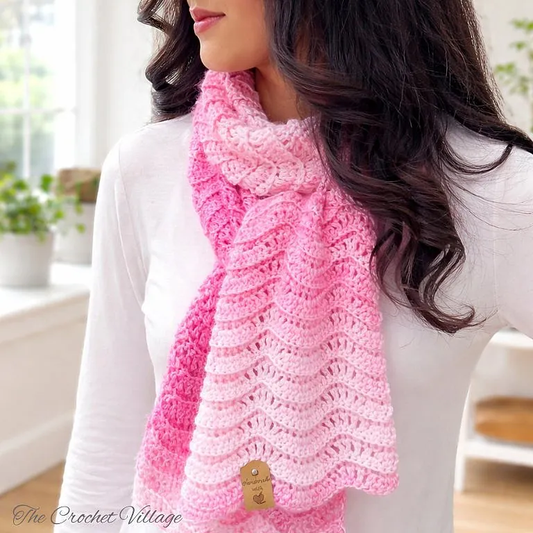 Woman wearing pink Sweetheart Chevron crochet scarf Valentine's Day pattern