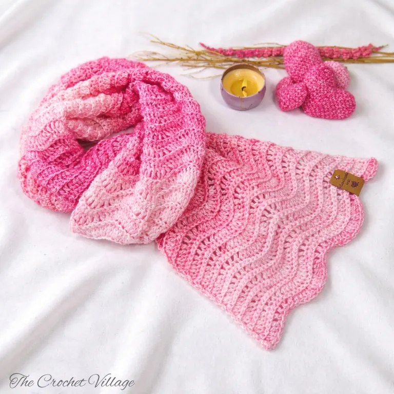 Pink Darling Chevron Ripple wave free crochet scarf laid flat