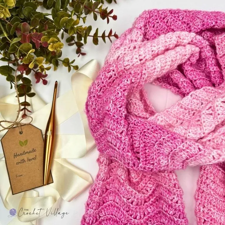 Darling Scarf free crochet chevron pattern in pink gradient yarn