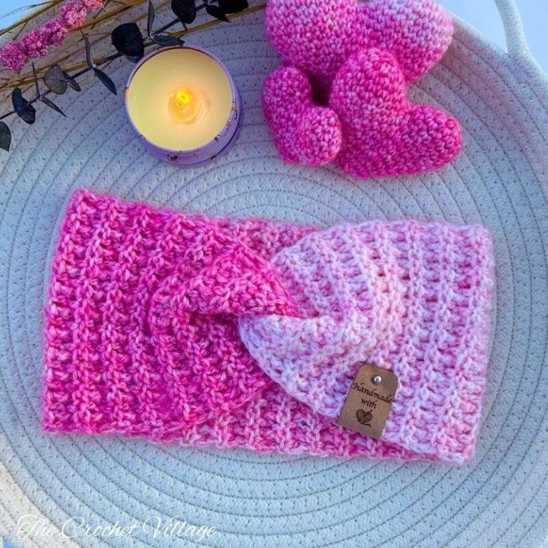 Juliette ear warmer crochet pattern in self-striping DK yarn, lightweight and soft