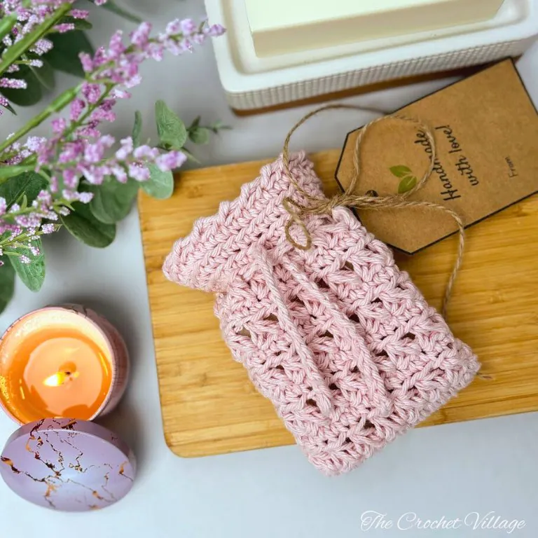 Crochet drawstring soap bag with gift tag from Amber Spa Set bath bundle