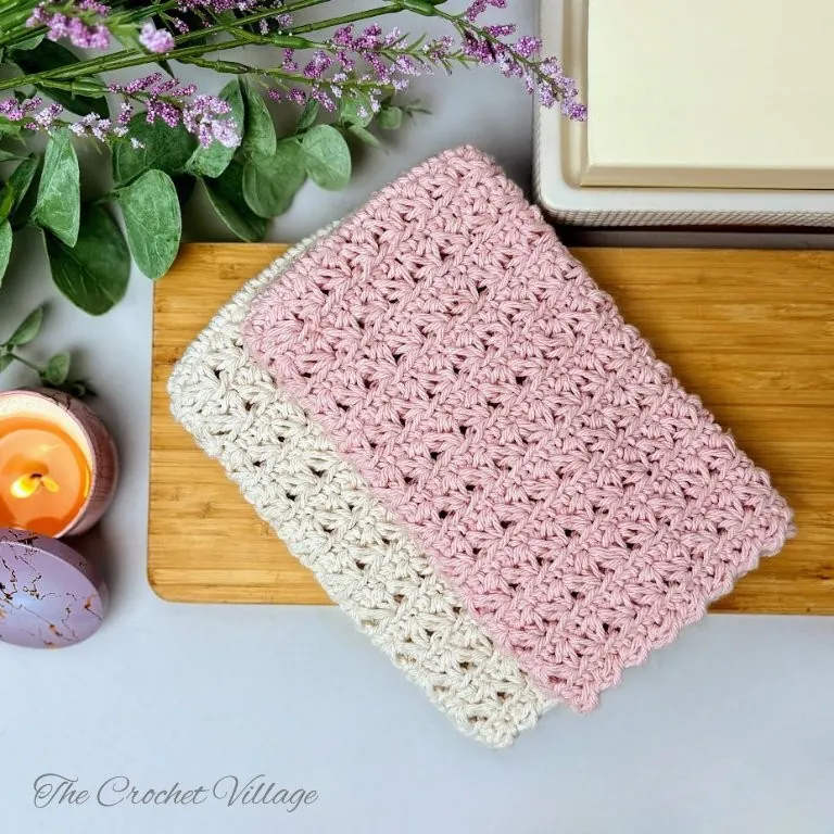 Two crochet reversible bath shower mitts from the Amber Spa Set 4-in-1 bundle showing textured design on both sides